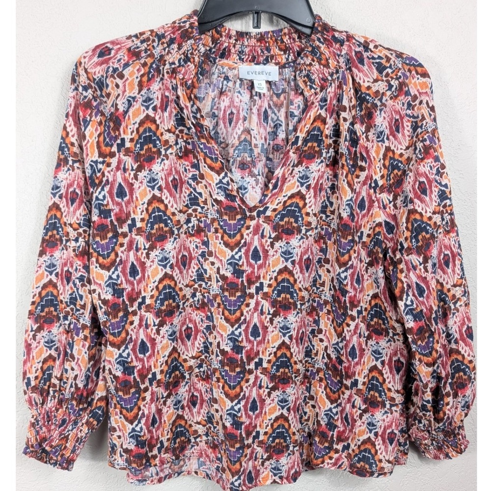 Evereve Blouse Women XS Multicolor Ikat Smocked Split Neck Cotton Rayon Top